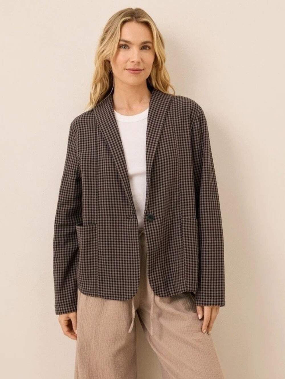 Pact Brown and Black Double Gauze Plaid Single-Button Blazer